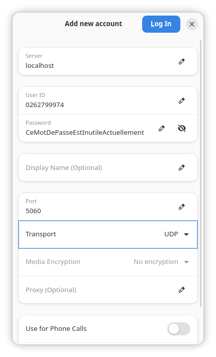 Configuration d’un compte SIP dans Gnome Calls pour s’enregistrer auprès de Kamailio